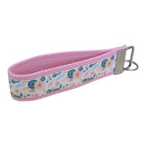 Floral Keychain Pink Teal Wristlet Handmade Fabric Key‎ FOB Flower Bohemian Boho